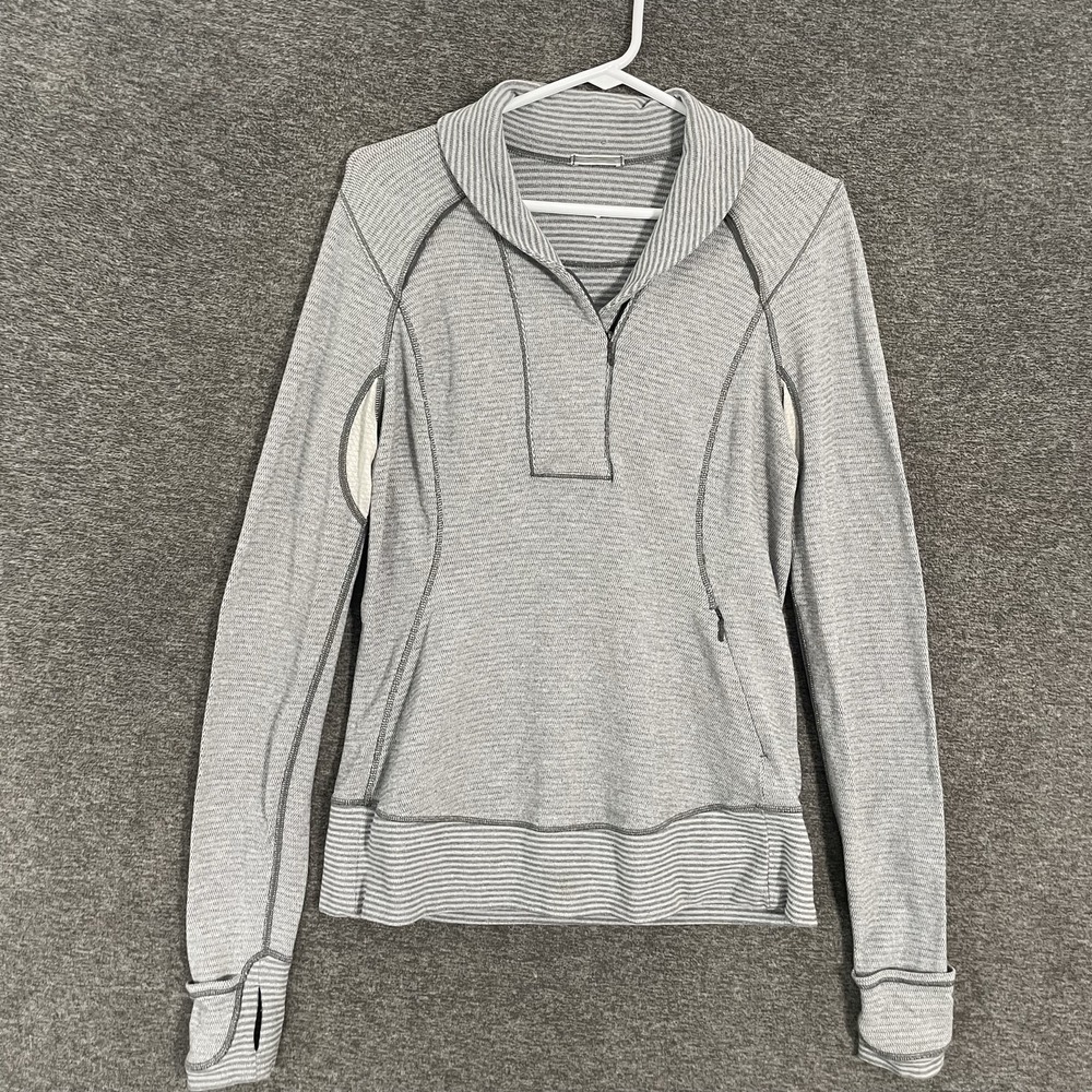 Lululemon Think Fast Pullover Womens 8 Gray Stripe Cowl Neck 1/4 Zip Running